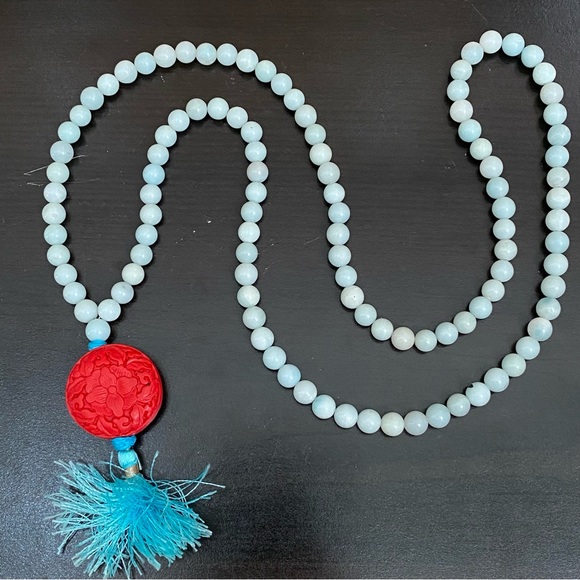 Flower Carved Cinnabar Beaded 32” Mala Necklace - Picture 5 of 12